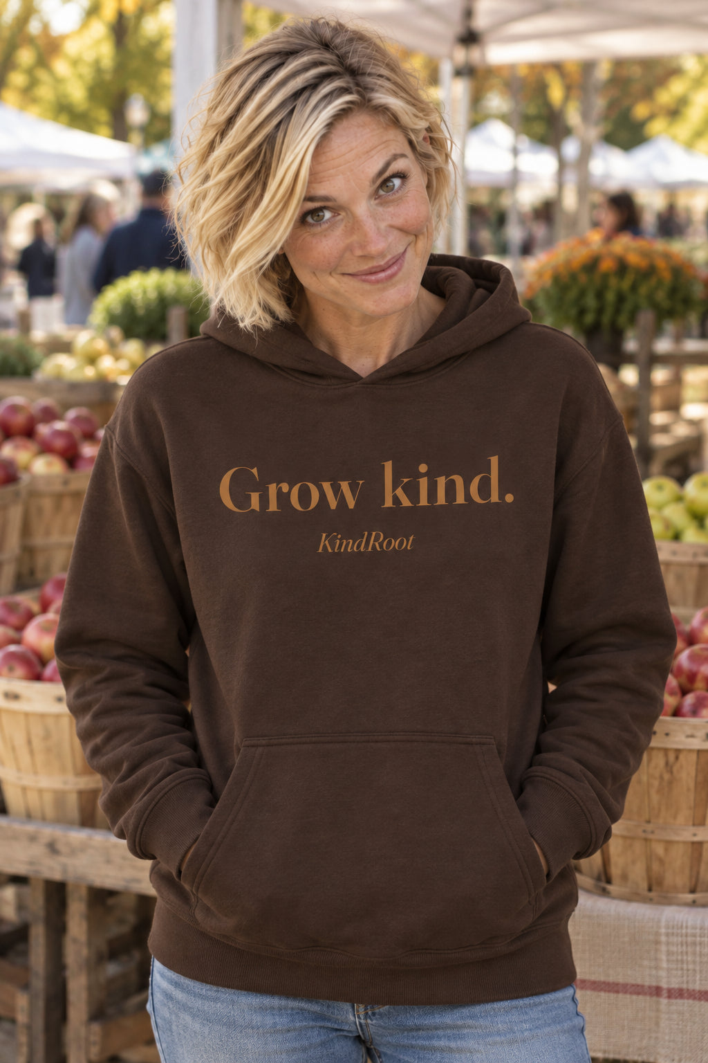 Grow kind. unisex organic cotton hoodie in Bark, front