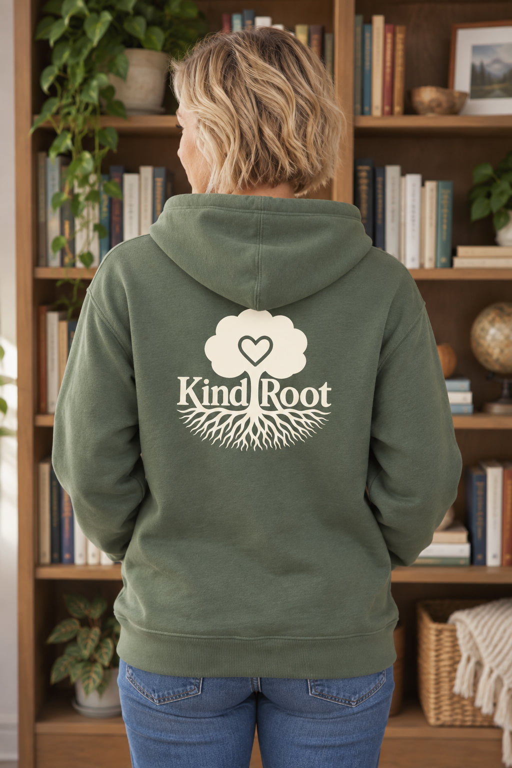 KindRoot logo on the back of the Moss unisex organic cotton hoodie