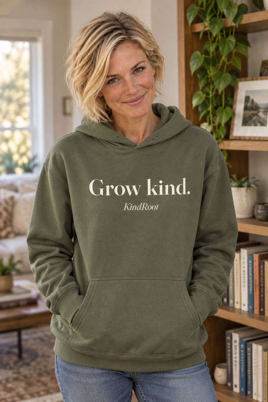 Grow kind. unisex organic cotton hoodie in Moss, front
