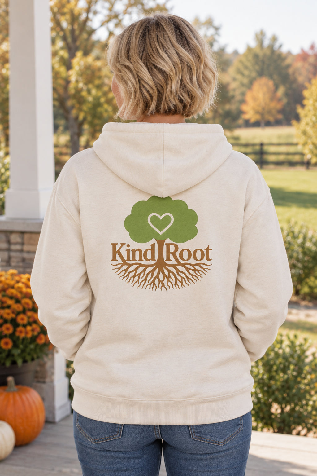 KindRoot logo on the back of the Natural unisex organic cotton hoodie
