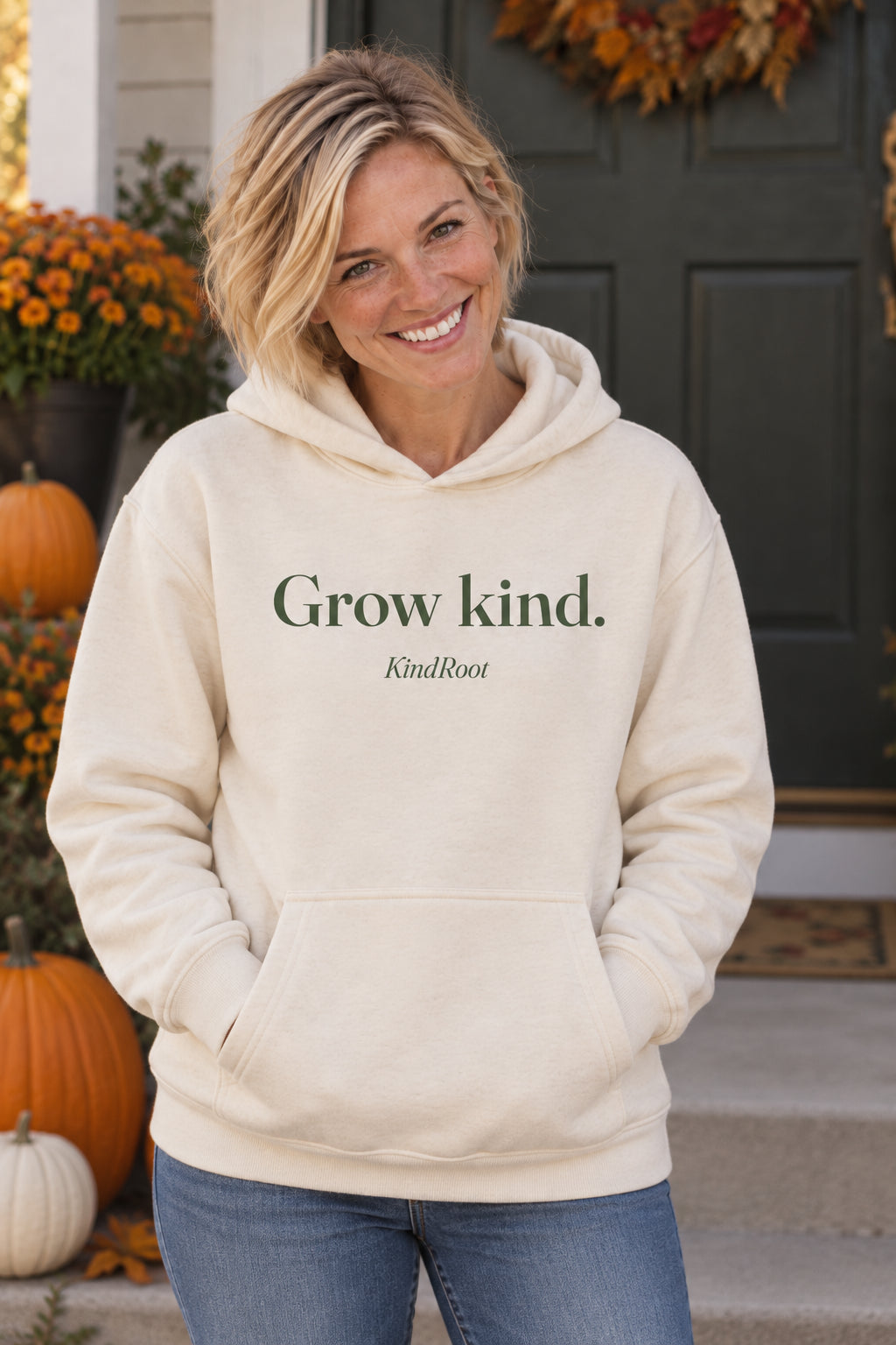 Grow kind. unisex organic cotton hoodie in Natural, front