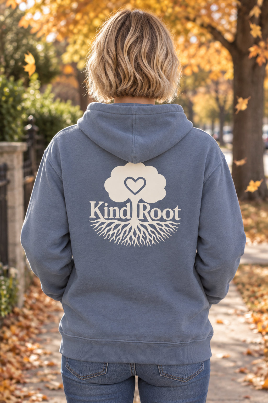 KindRoot logo on the back of the Slate unisex organic cotton hoodie