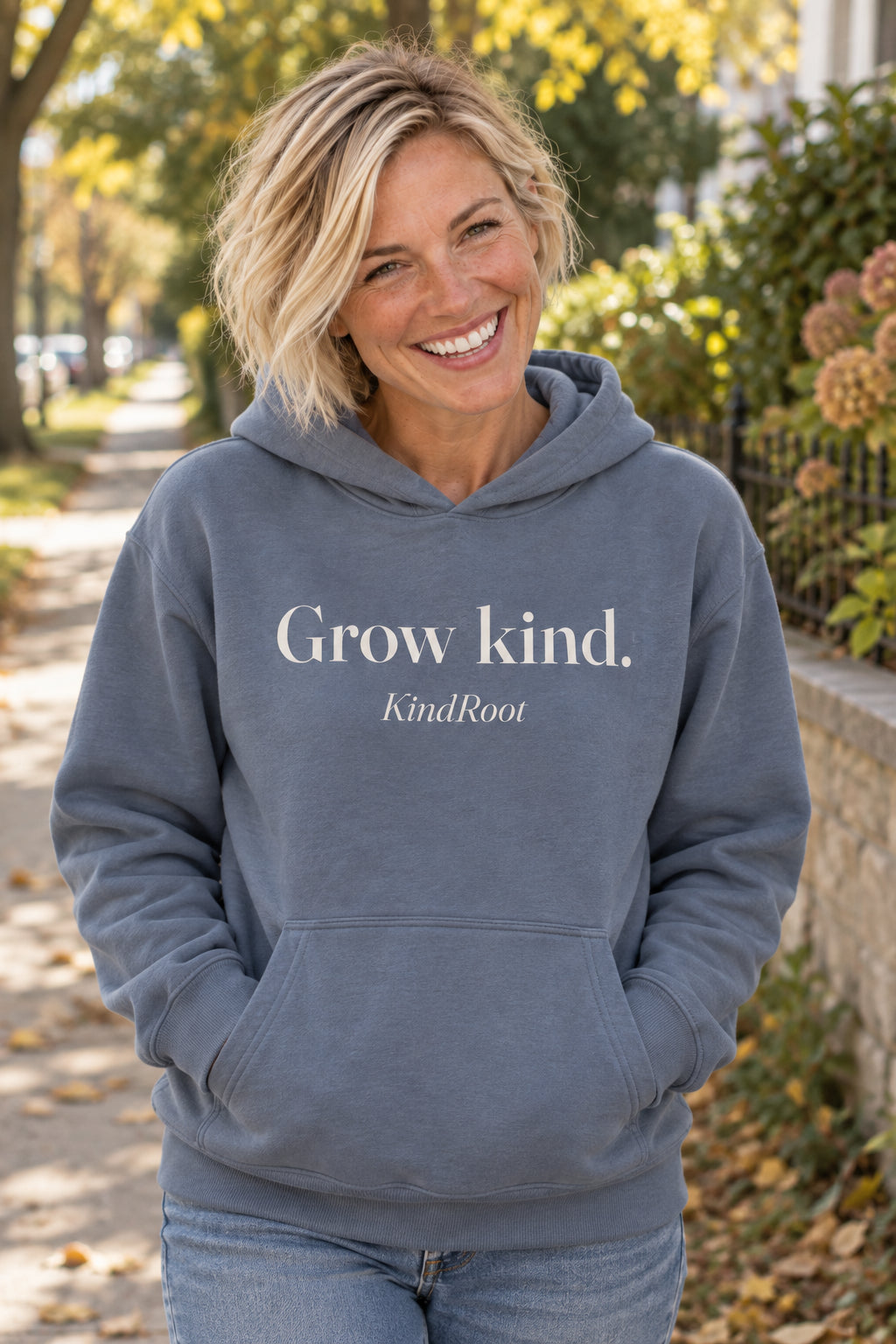 Grow kind. unisex organic cotton hoodie in Slate, front