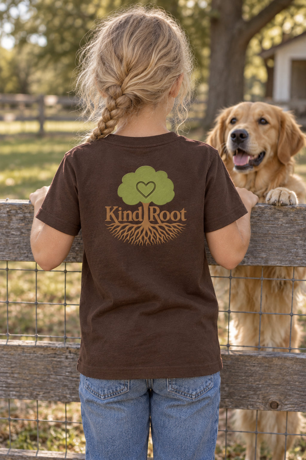 KindRoot logo on the back of the Bark kids organic cotton tee