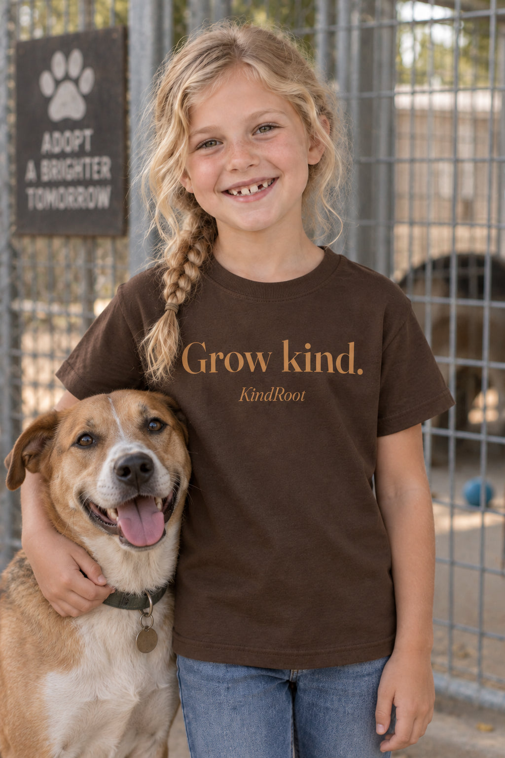 Grow kind. kids organic cotton tee in Bark, front