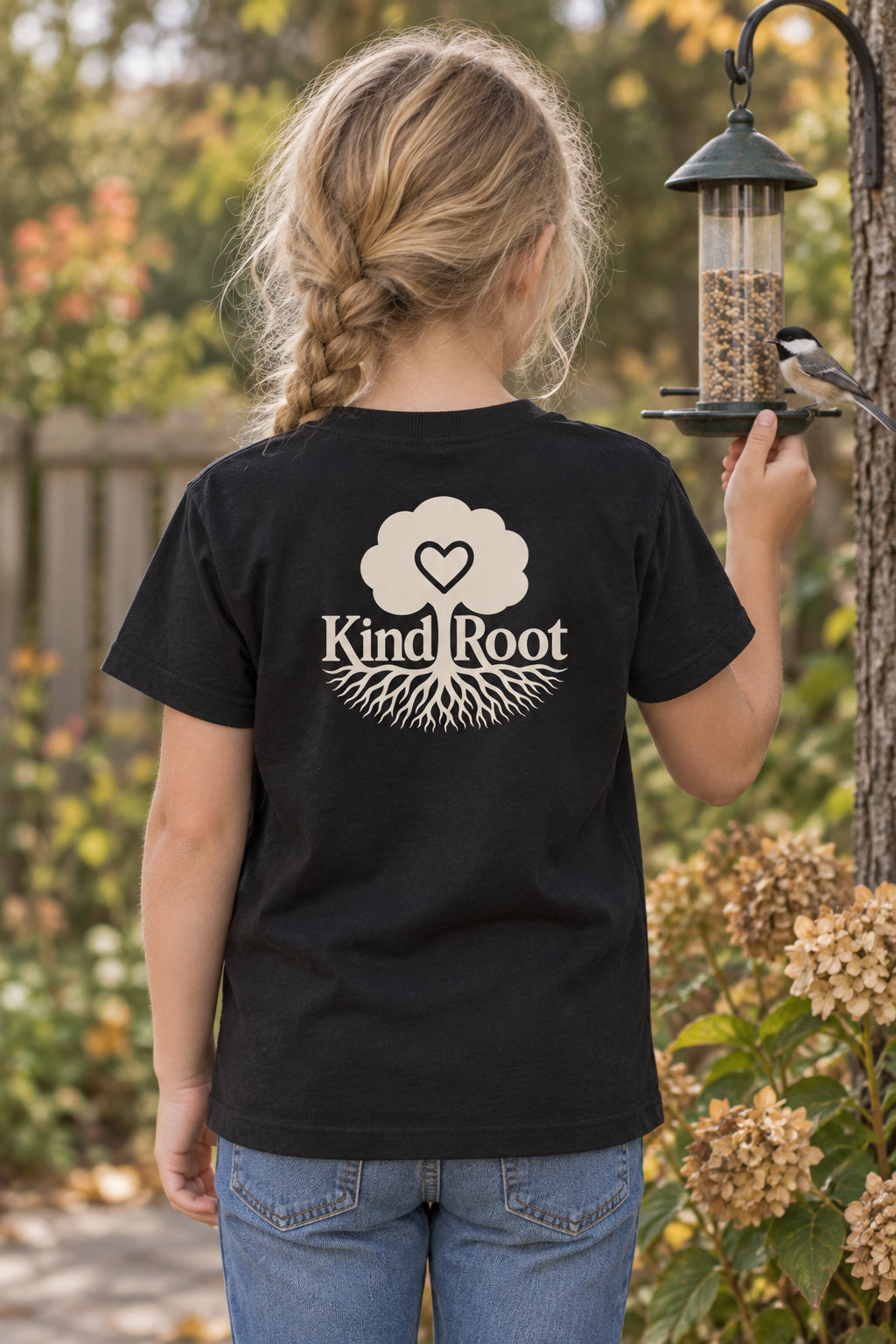 KindRoot logo on the back of the Night kids organic cotton tee