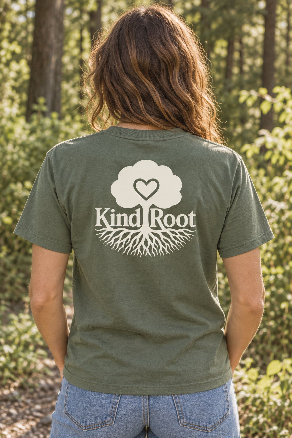 KindRoot logo on the back of the Moss unisex organic cotton tee