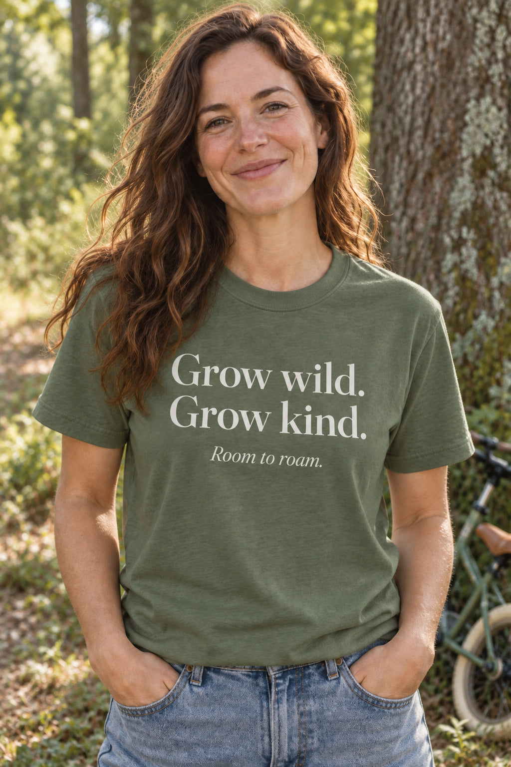 Grow wild. Grow kind. unisex organic cotton tee in Moss, front