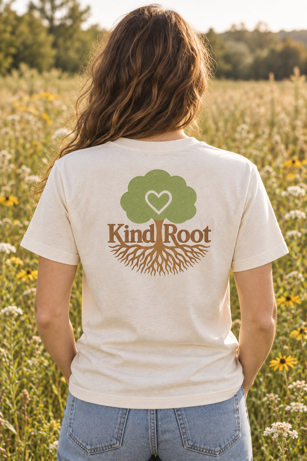 KindRoot logo on the back of the Natural unisex organic cotton tee