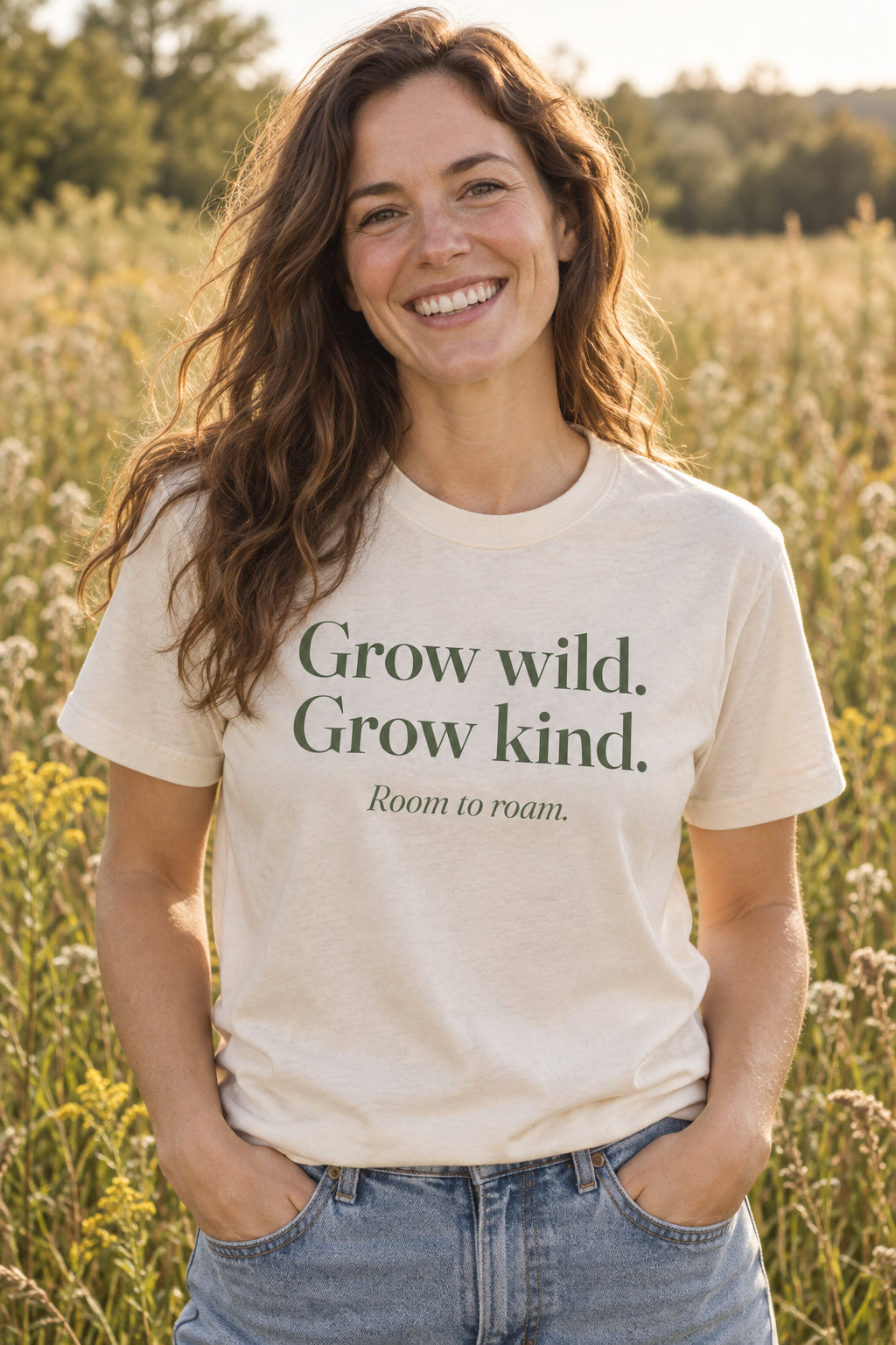 Grow wild. Grow kind. unisex organic cotton tee in Natural, front
