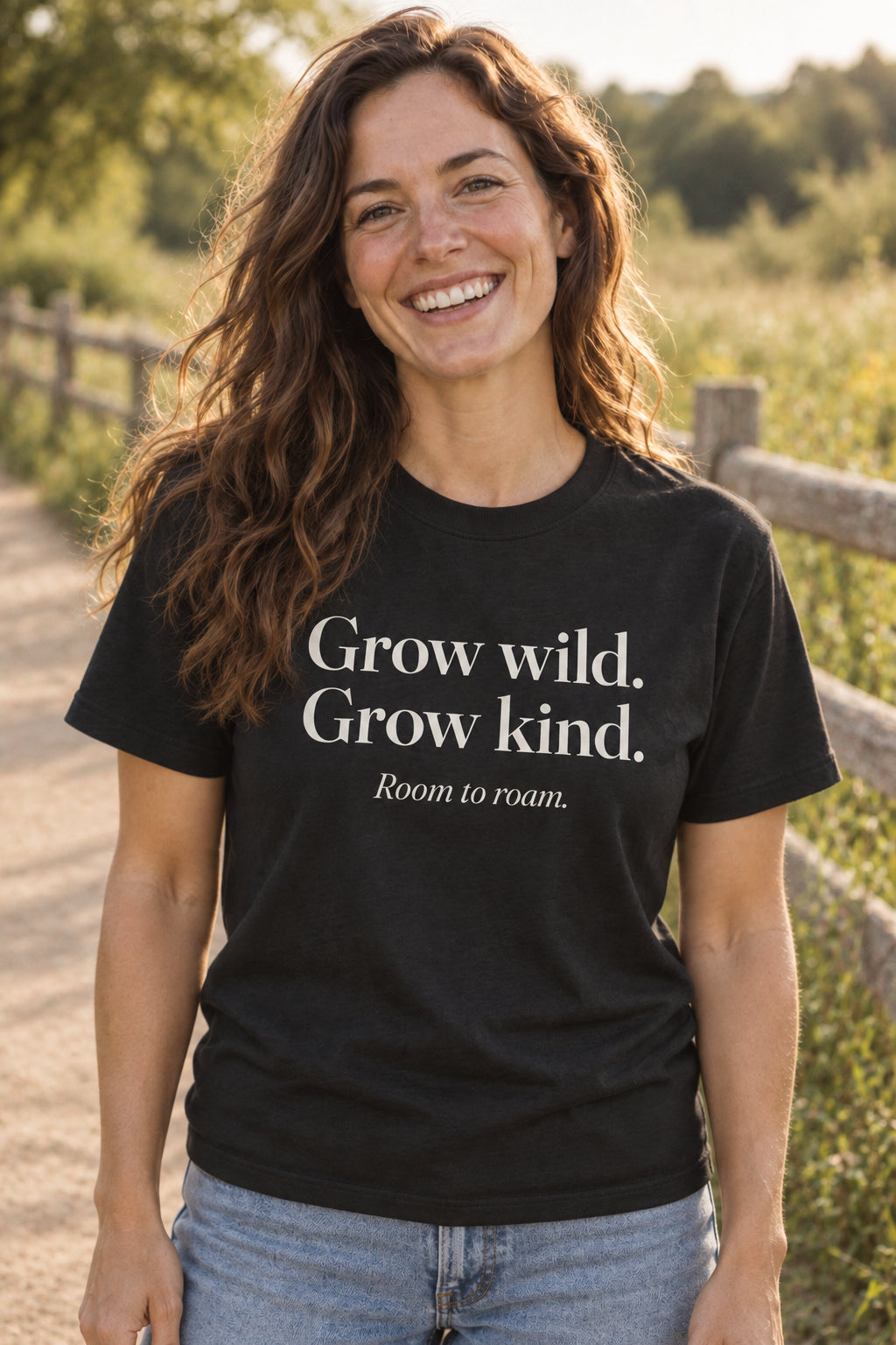 Grow wild. Grow kind. unisex organic cotton tee in Night, front