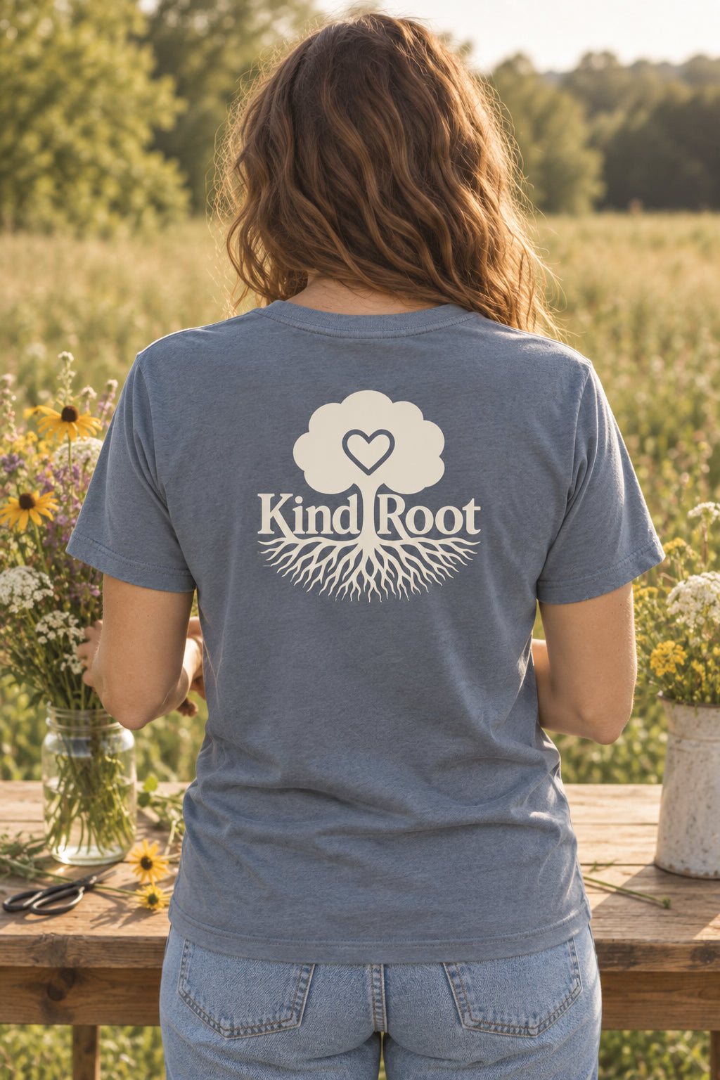 KindRoot logo on the back of the Slate unisex organic cotton tee