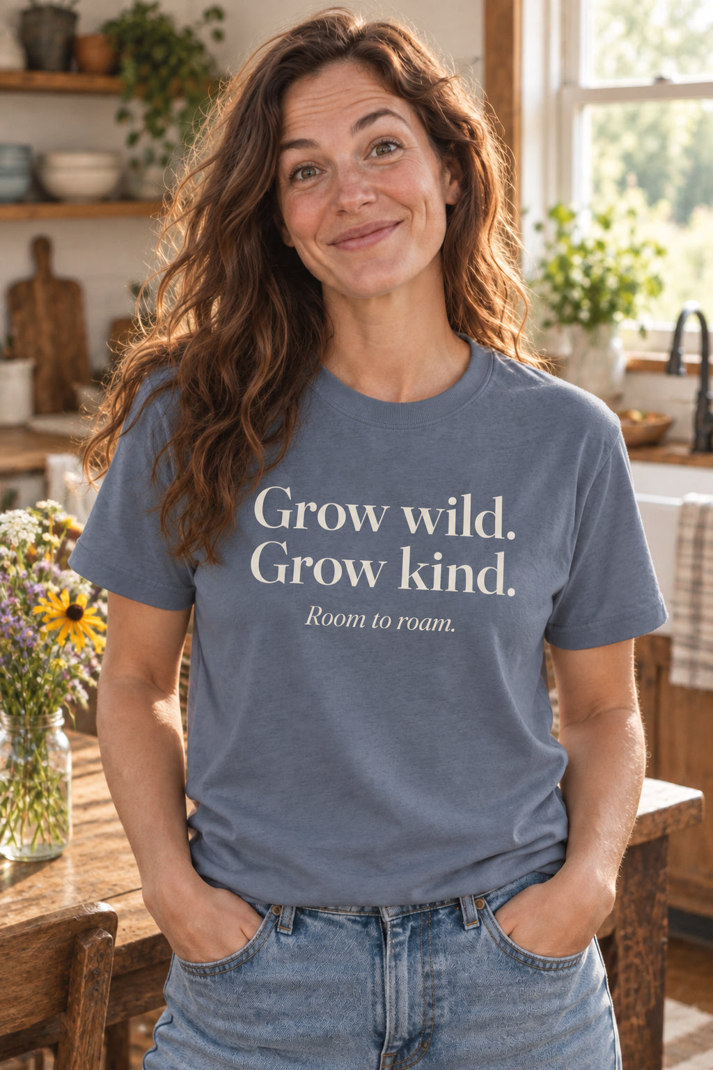 Grow wild. Grow kind. unisex organic cotton tee in Slate, front
