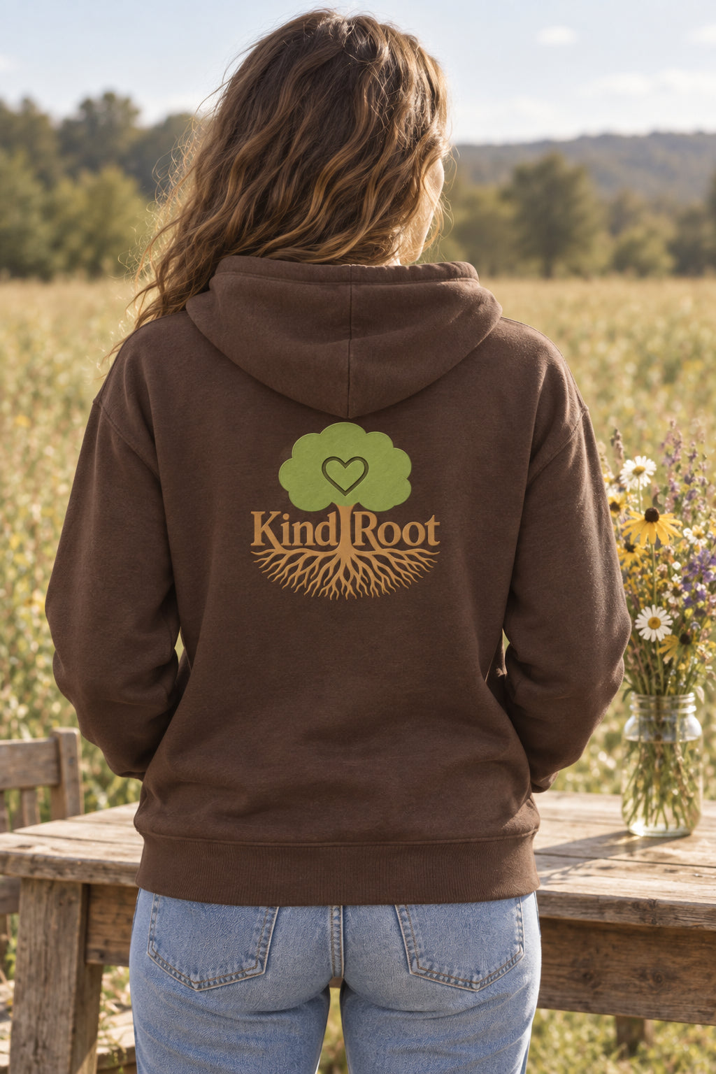 KindRoot logo on the back of the Bark unisex organic cotton hoodie