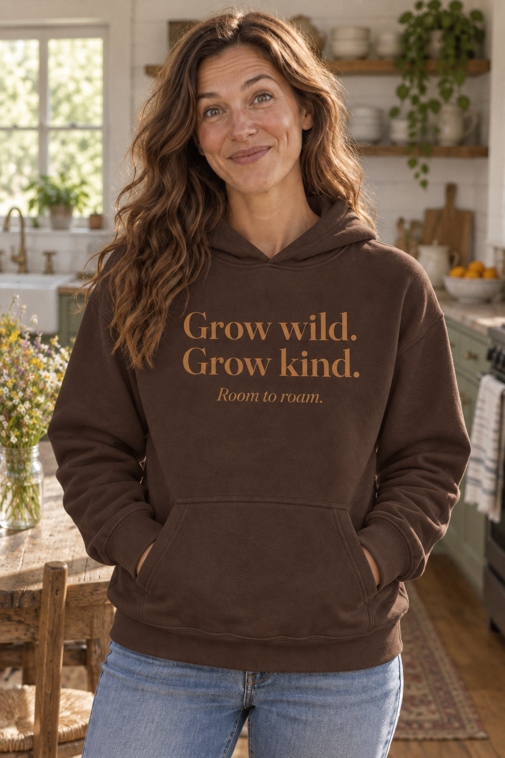 Grow wild. Grow kind. unisex organic cotton hoodie in Bark, front