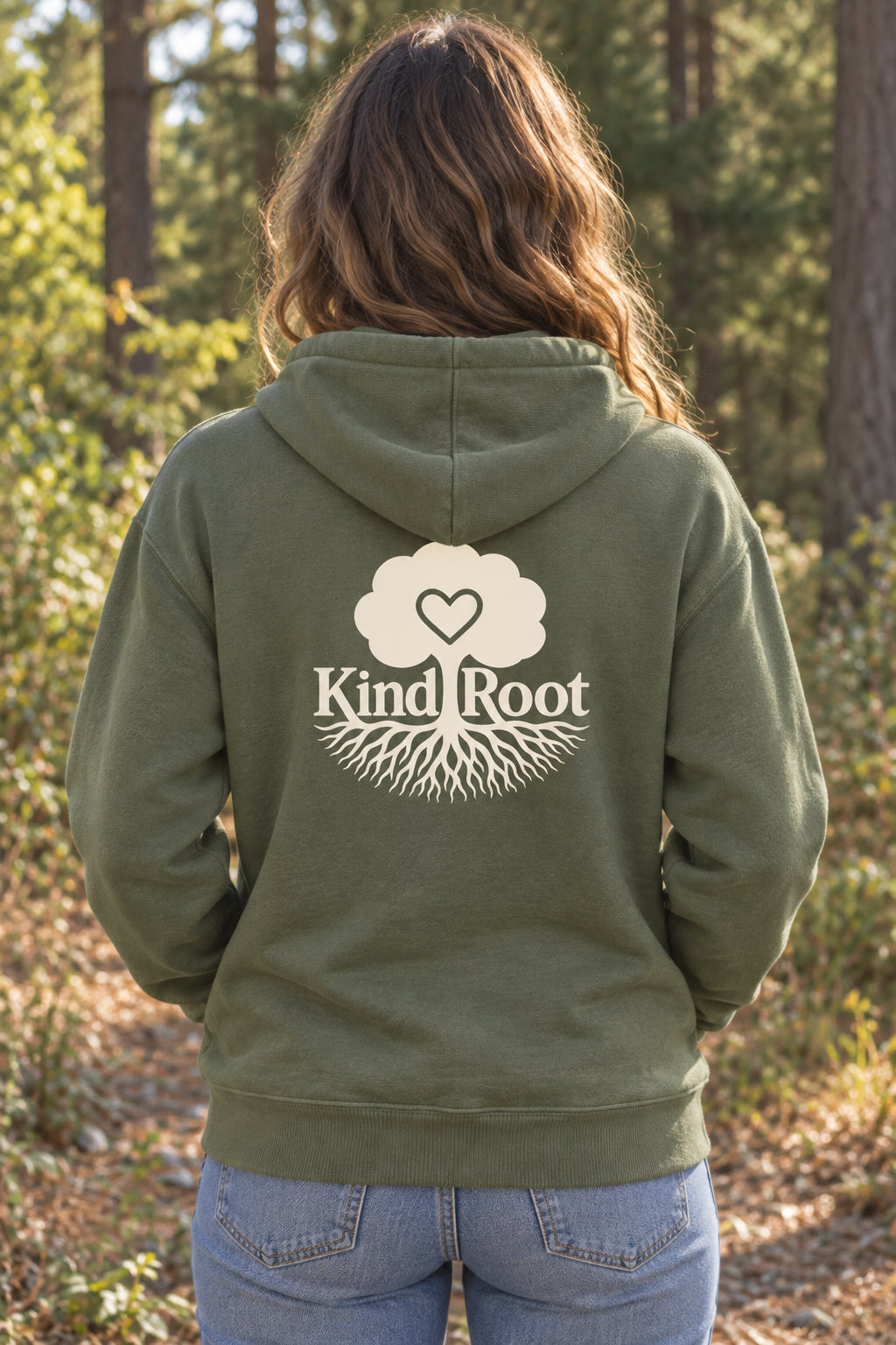 KindRoot logo on the back of the Moss unisex organic cotton hoodie