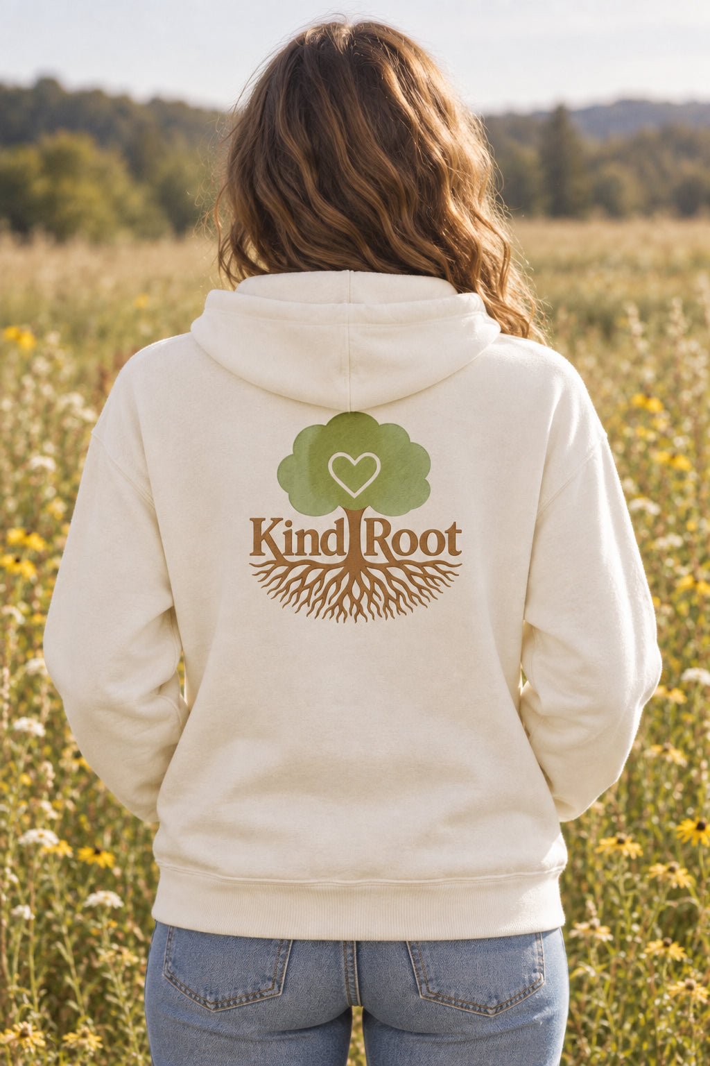 KindRoot logo on the back of the Natural unisex organic cotton hoodie