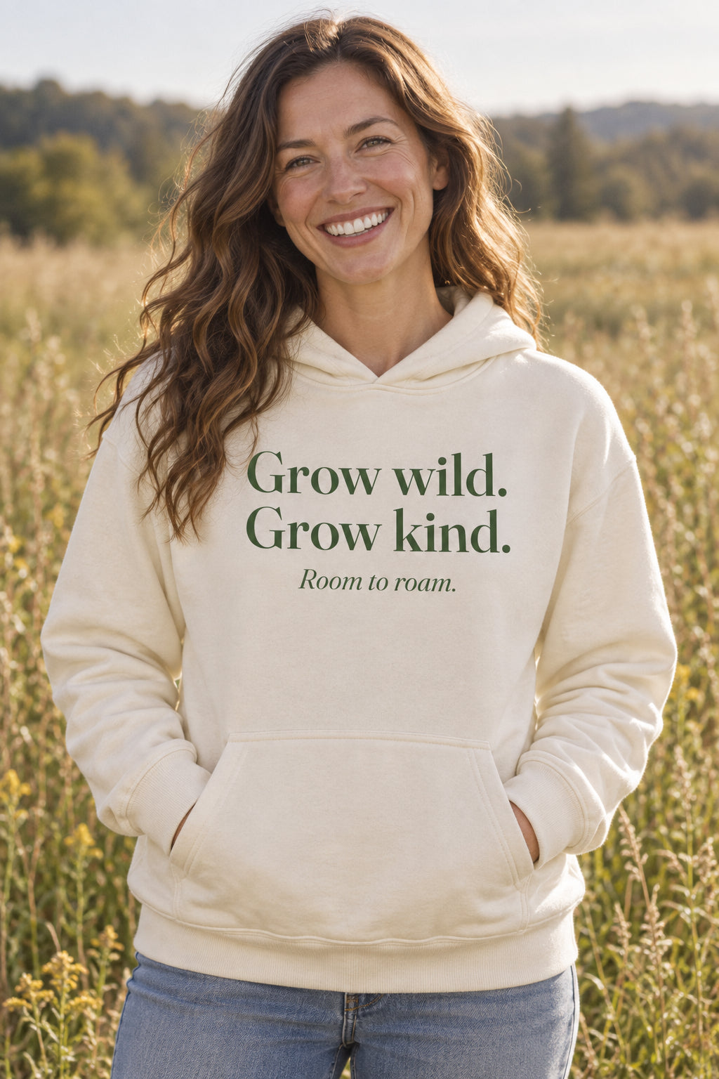 Grow wild. Grow kind. unisex organic cotton hoodie in Natural, front