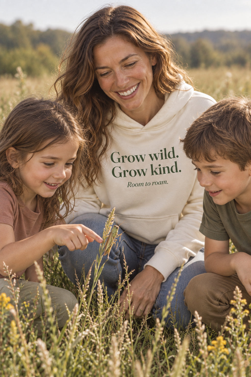 Parent wearing the Grow wild. Grow kind. hoodie tee in Natural
