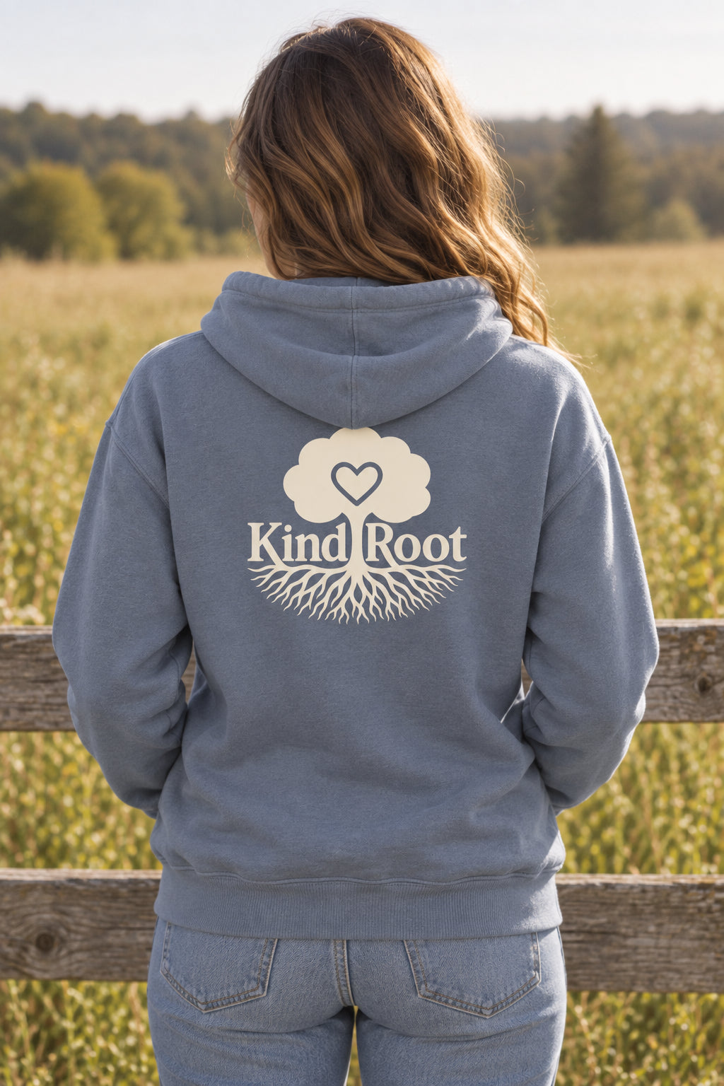 KindRoot logo on the back of the Slate unisex organic cotton hoodie