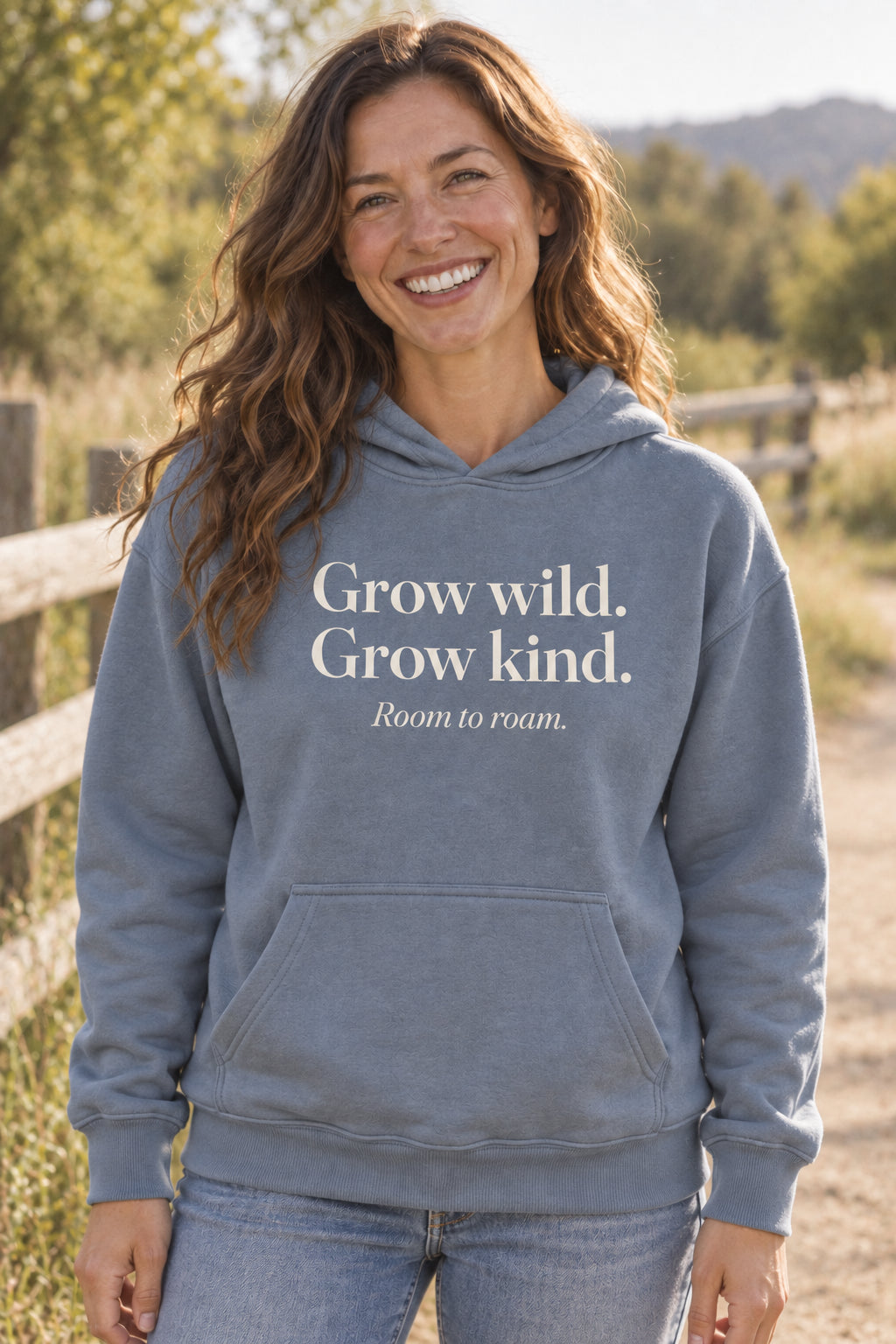 Grow wild. Grow kind. unisex organic cotton hoodie in Slate, front
