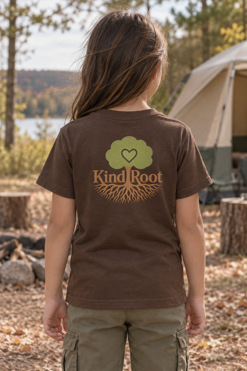 KindRoot logo on the back of the Bark kids organic cotton tee