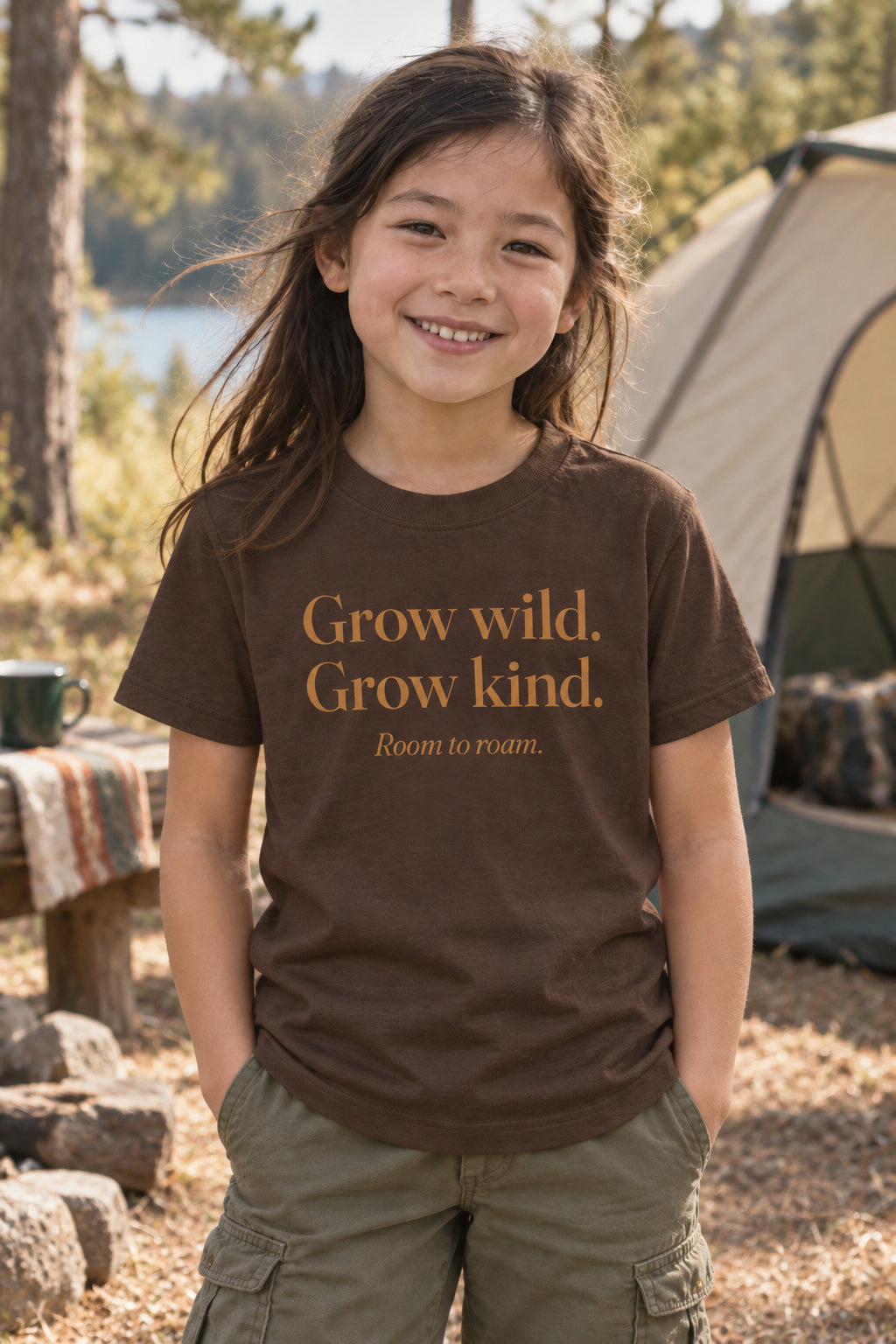 Grow wild. Grow kind. kids organic cotton tee in Bark, front