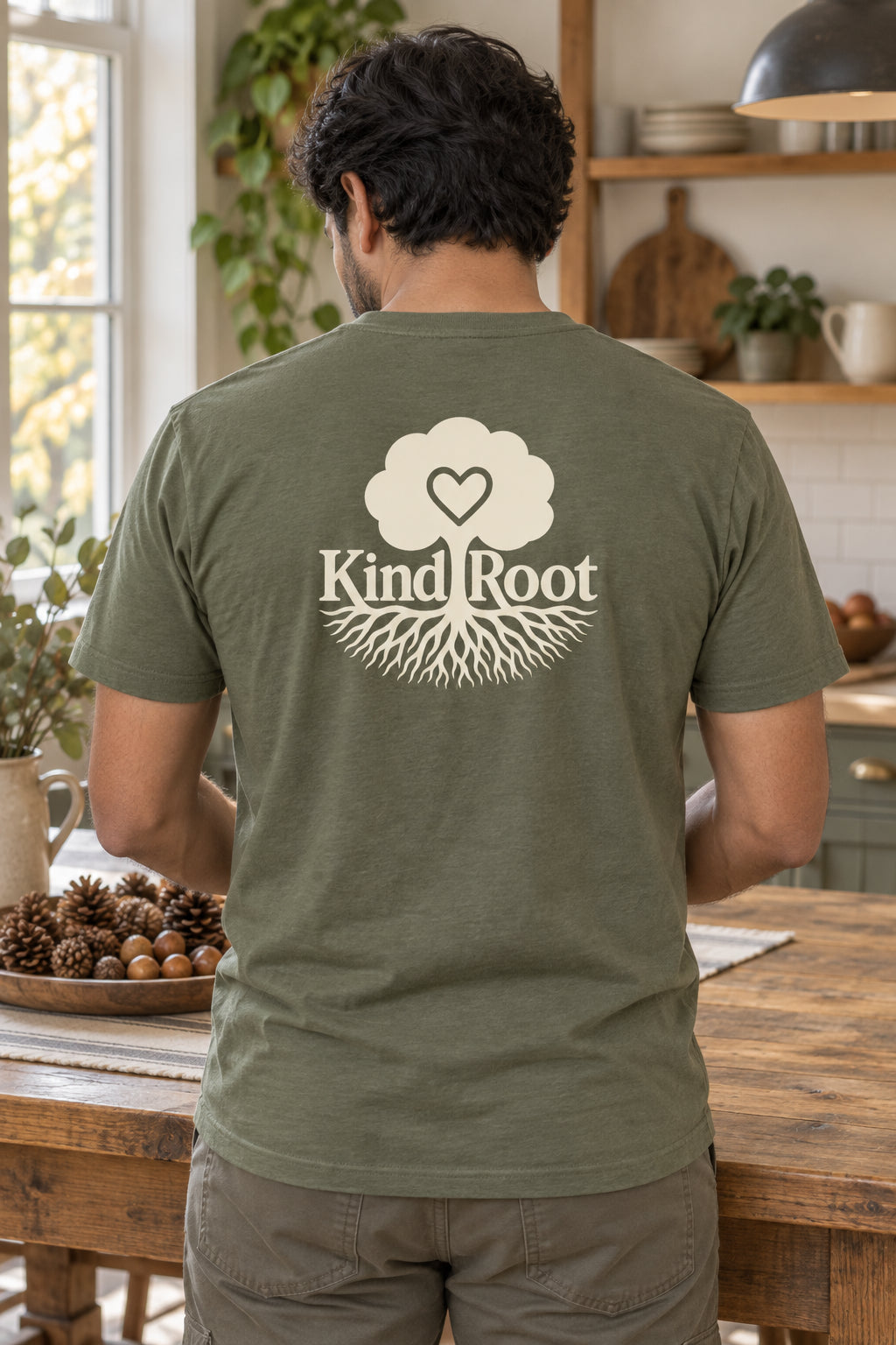 KindRoot logo on the back of the Moss unisex organic cotton tee