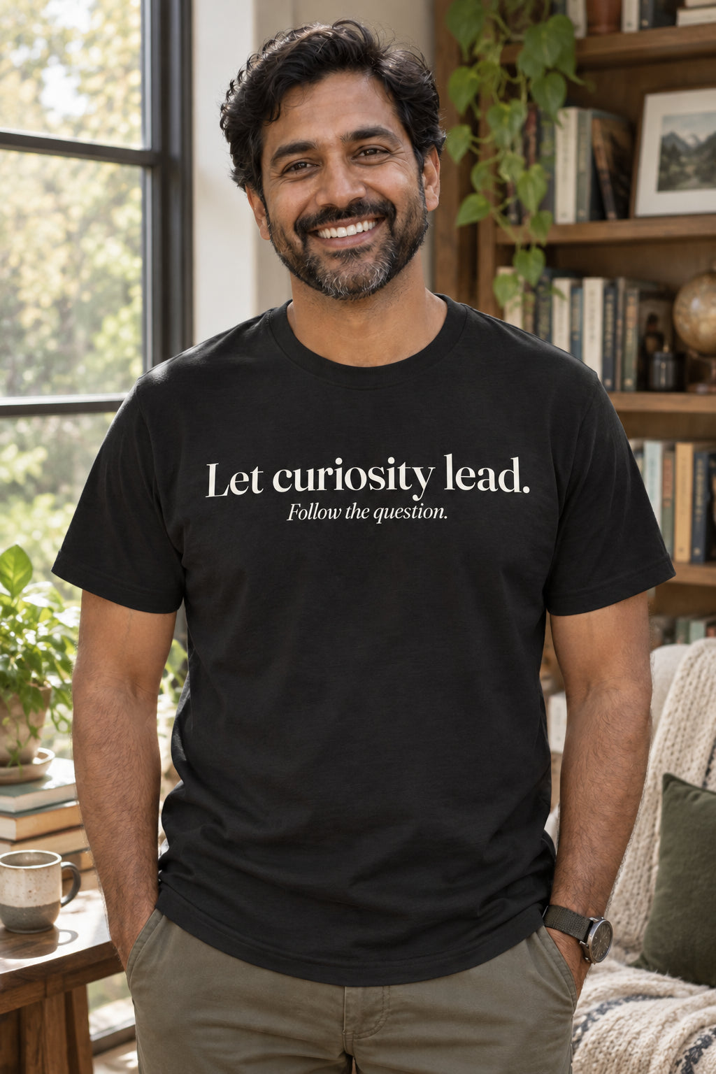 Let curiosity lead. unisex organic cotton tee in Night, front