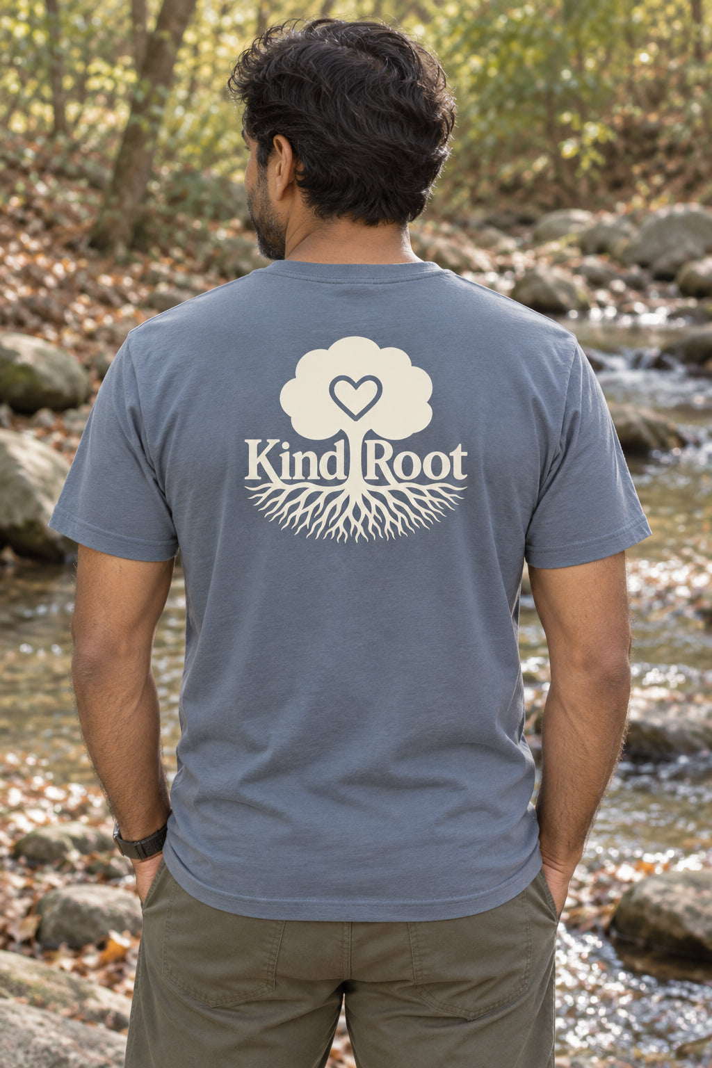 KindRoot logo on the back of the Slate unisex organic cotton tee