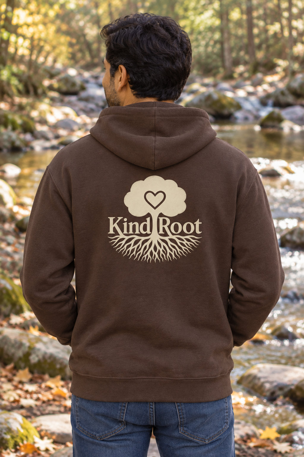 KindRoot logo on the back of the Bark unisex organic cotton hoodie