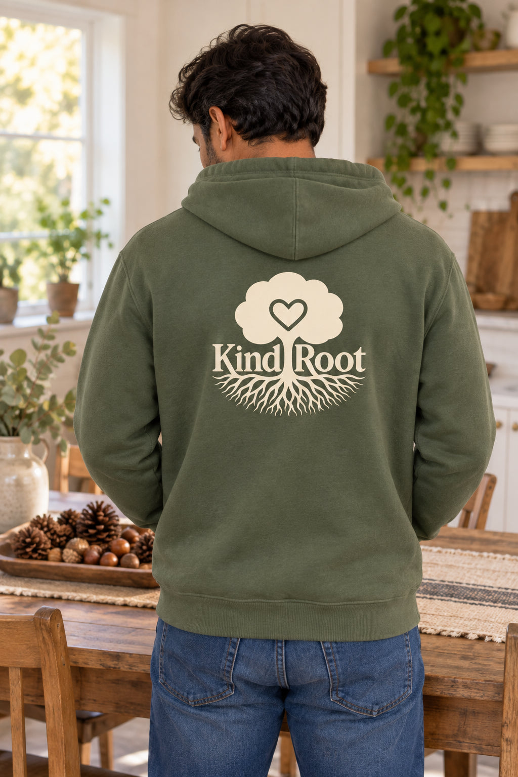 KindRoot logo on the back of the Moss unisex organic cotton hoodie