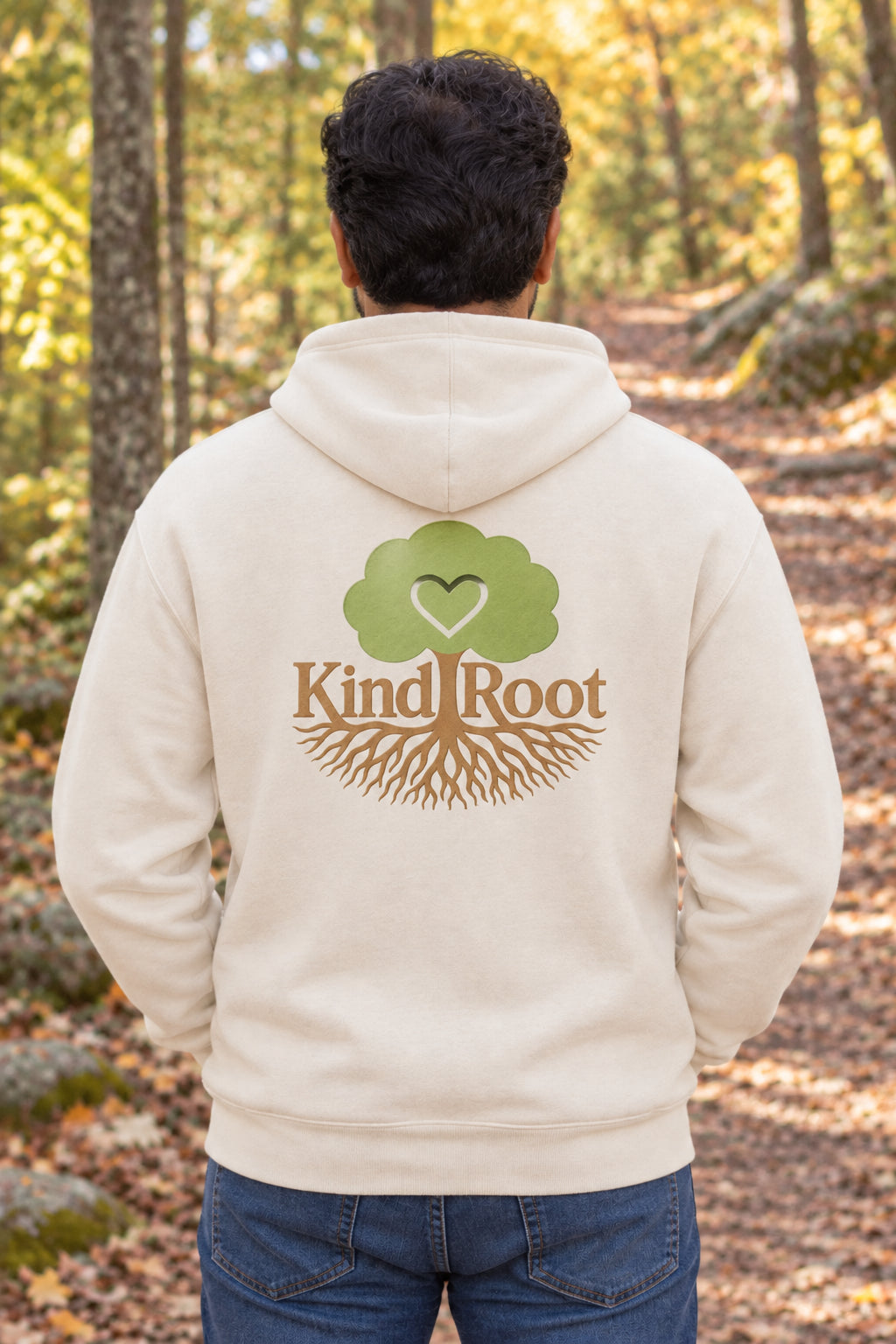 KindRoot logo on the back of the Natural unisex organic cotton hoodie