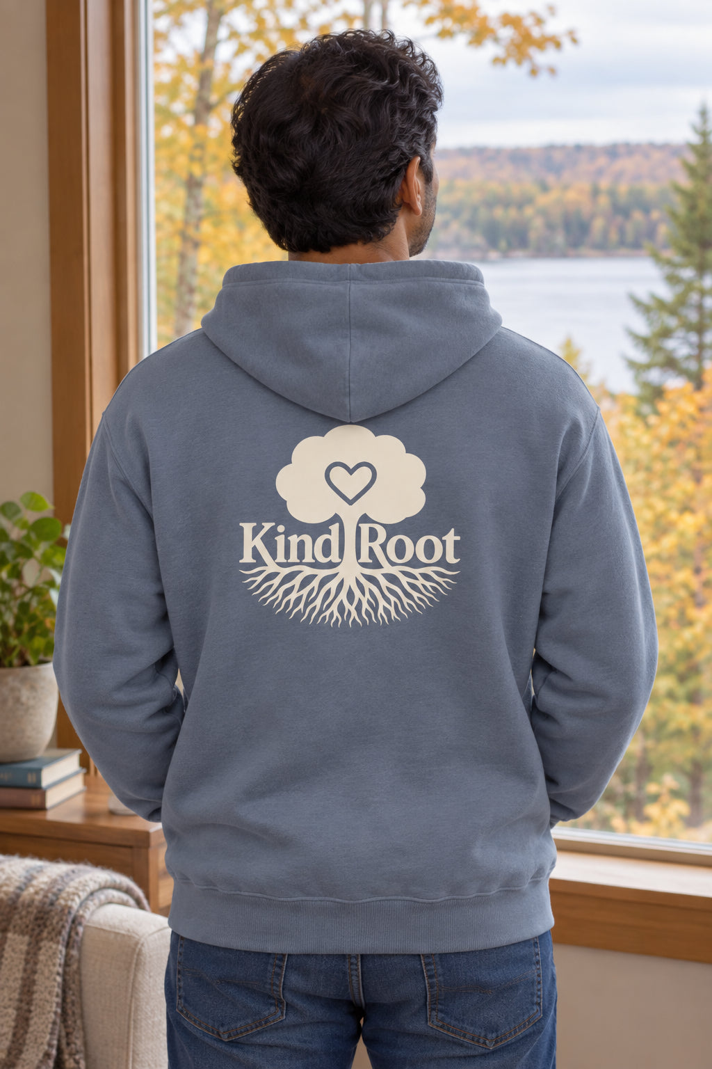 KindRoot logo on the back of the Slate unisex organic cotton hoodie