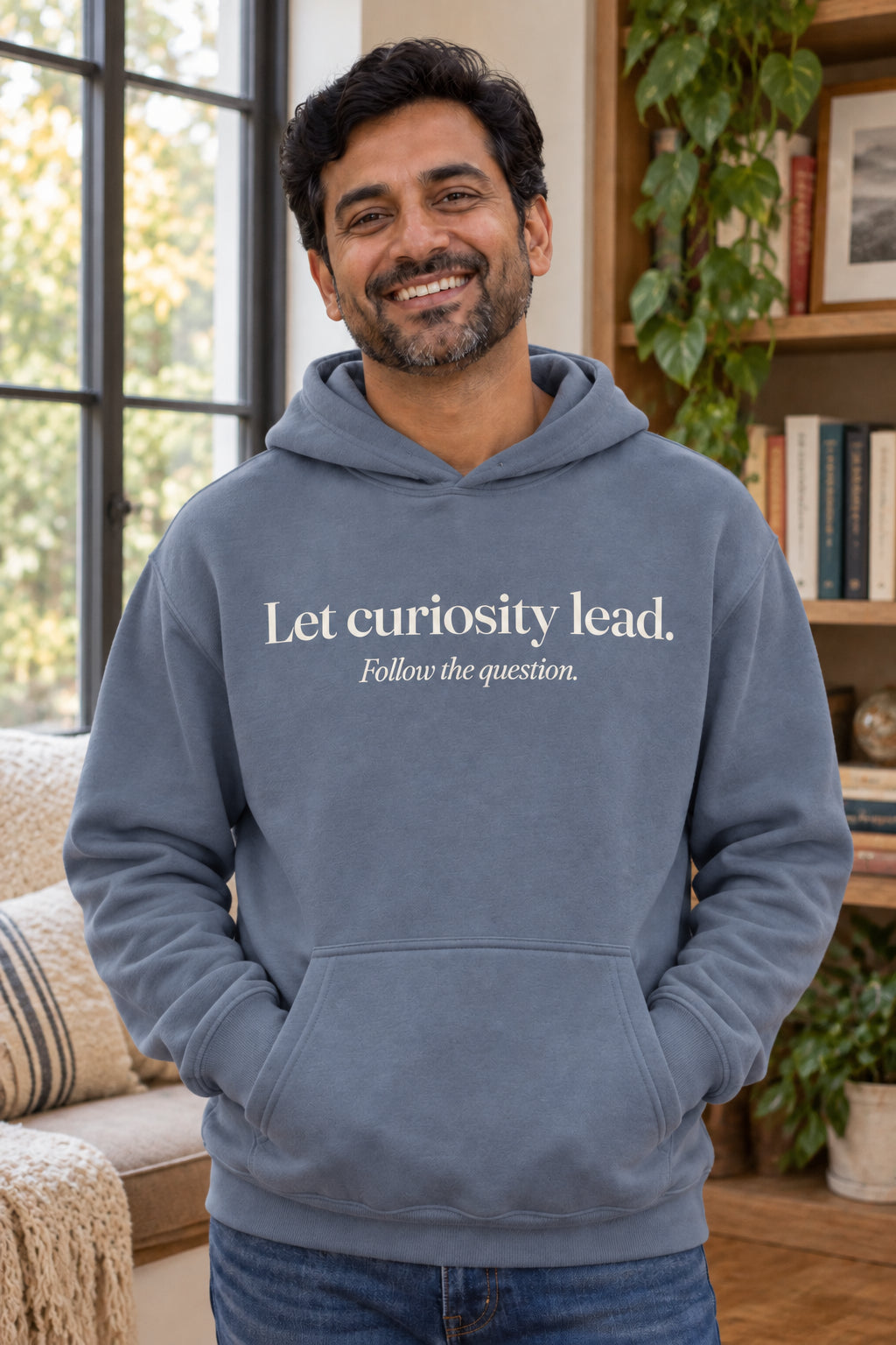 Let curiosity lead. unisex organic cotton hoodie in Slate, front