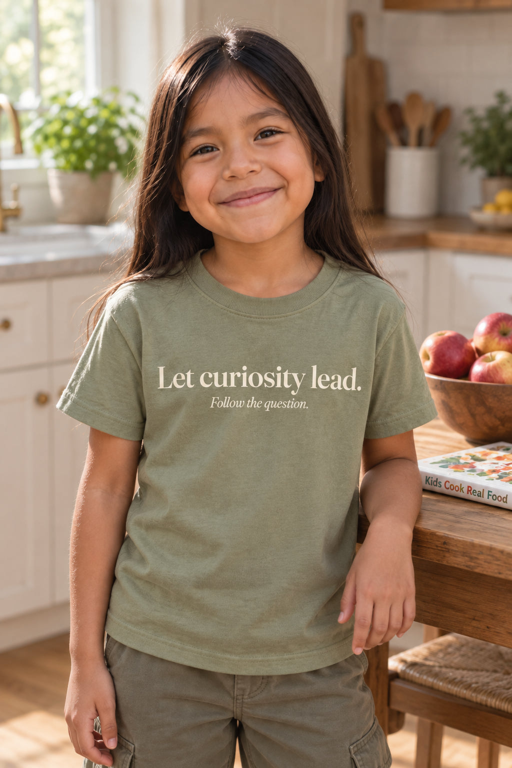Let curiosity lead. kids organic cotton tee in Avocado, front
