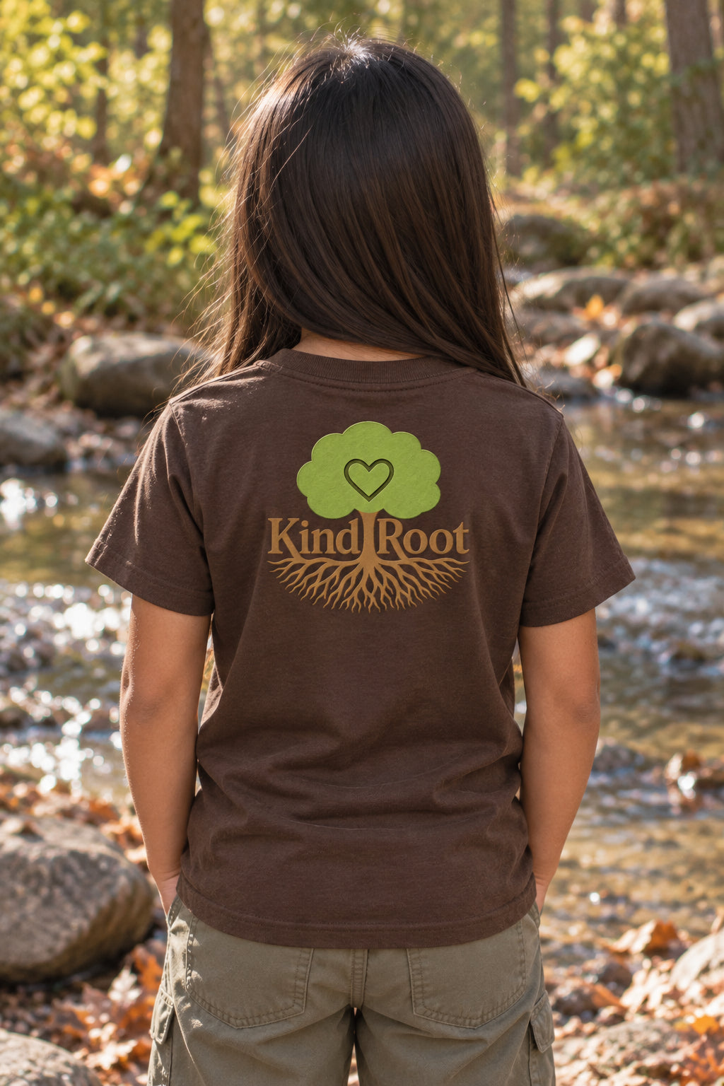 KindRoot logo on the back of the Bark kids organic cotton tee