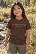 Let curiosity lead. kids organic cotton tee in Bark, front