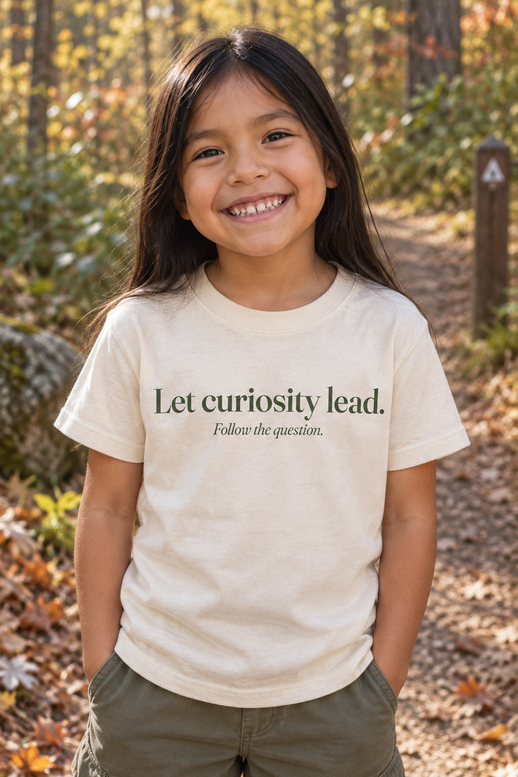 Let curiosity lead. kids organic cotton tee in Natural, front
