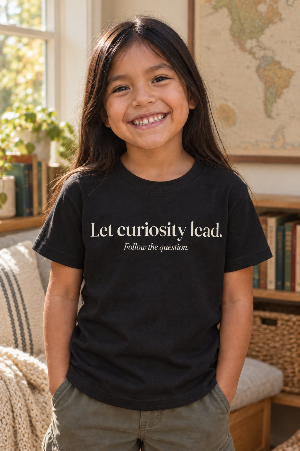 Let curiosity lead. kids organic cotton tee in Night, front