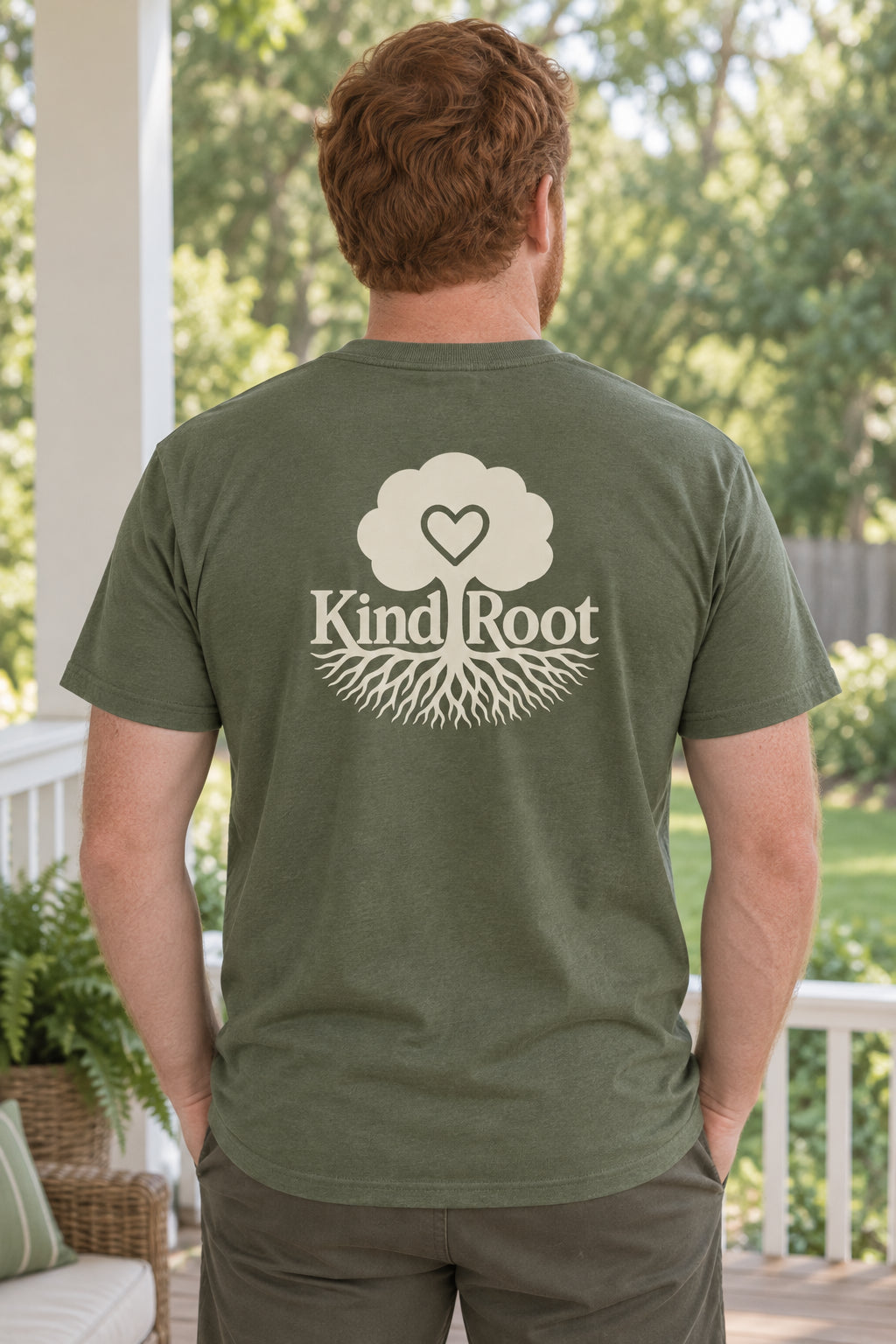 KindRoot logo on the back of the Moss unisex organic cotton tee