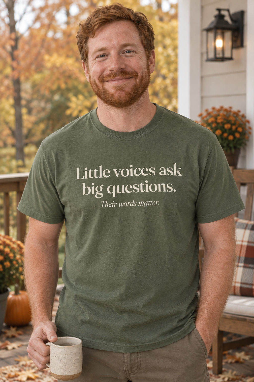 Little voices ask big questions. unisex organic cotton tee in Moss, front