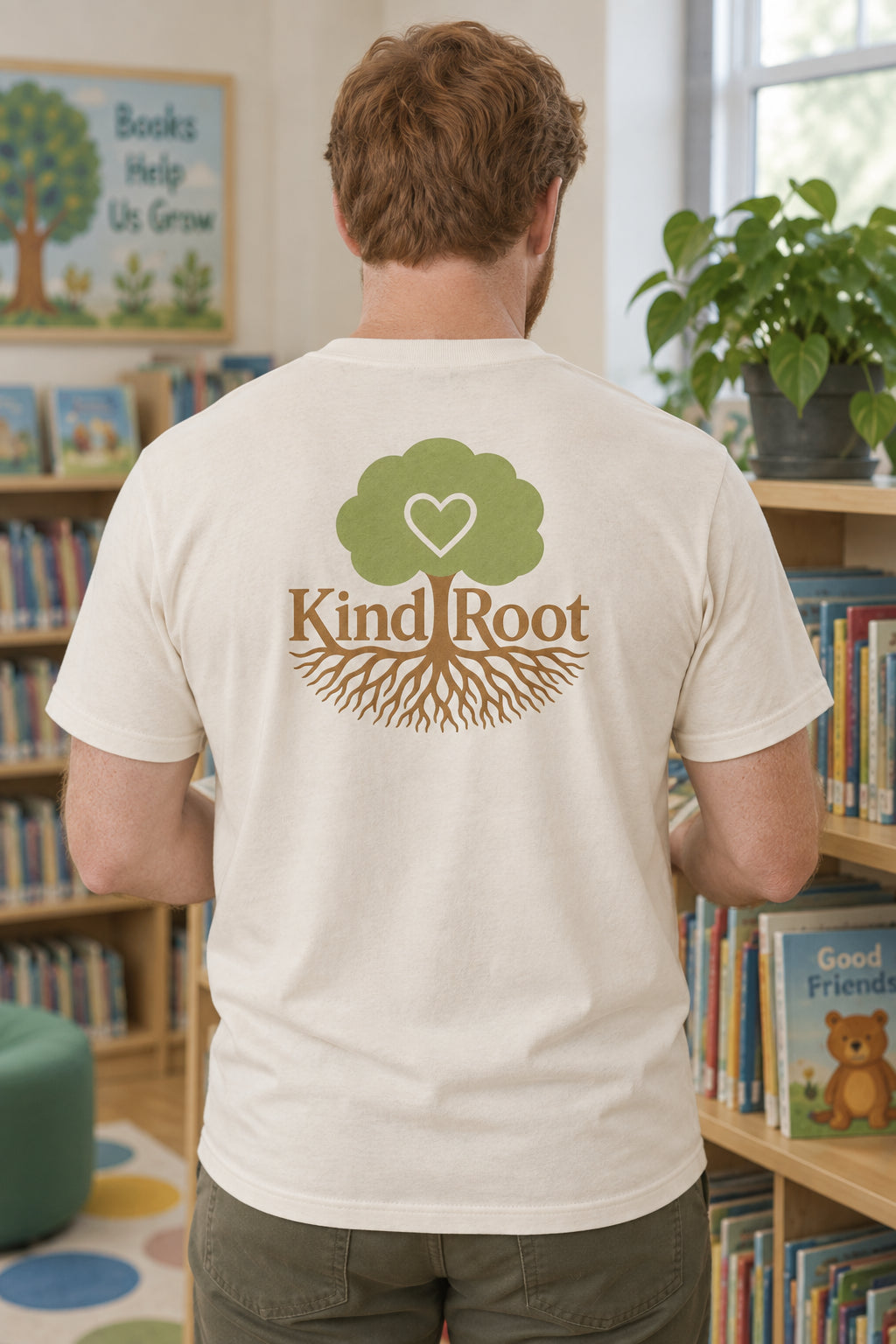 KindRoot logo on the back of the Natural unisex organic cotton tee