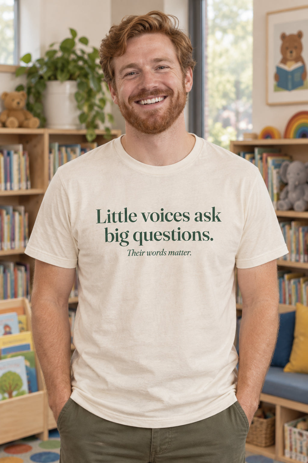 Little voices ask big questions. unisex organic cotton tee in Natural, front