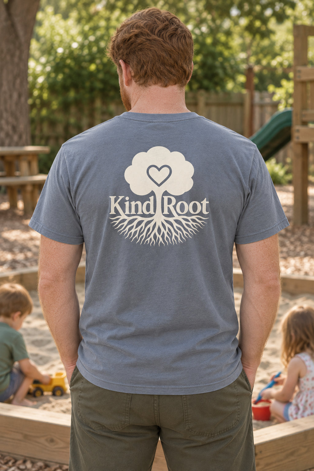 KindRoot logo on the back of the Slate unisex organic cotton tee