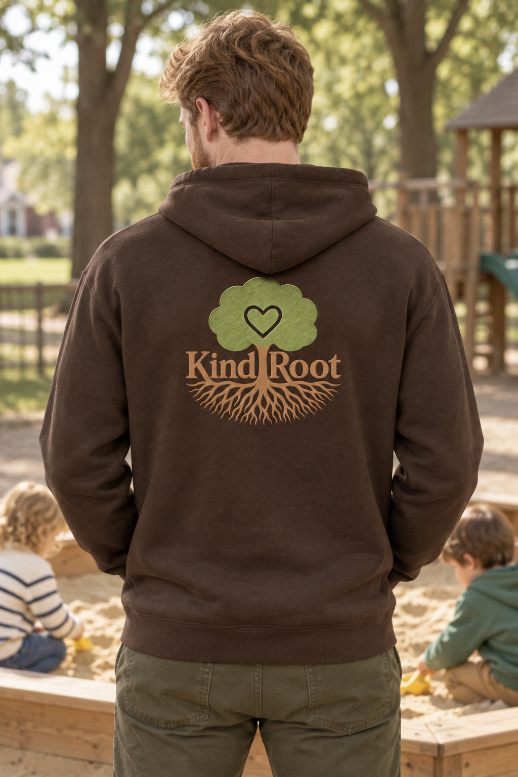 KindRoot logo on the back of the Bark unisex organic cotton hoodie