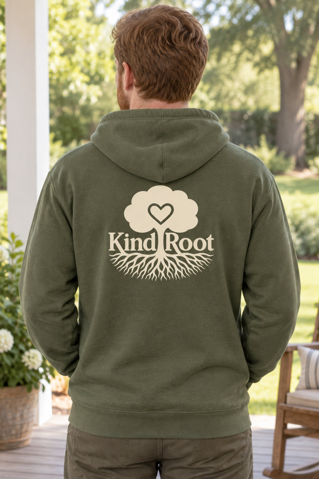 KindRoot logo on the back of the Moss unisex organic cotton hoodie
