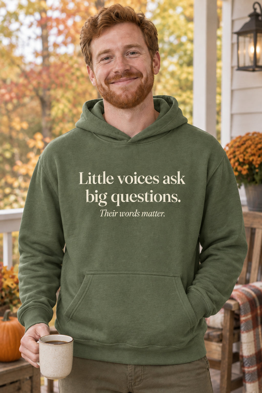 Little voices ask big questions. unisex organic cotton hoodie in Moss, front