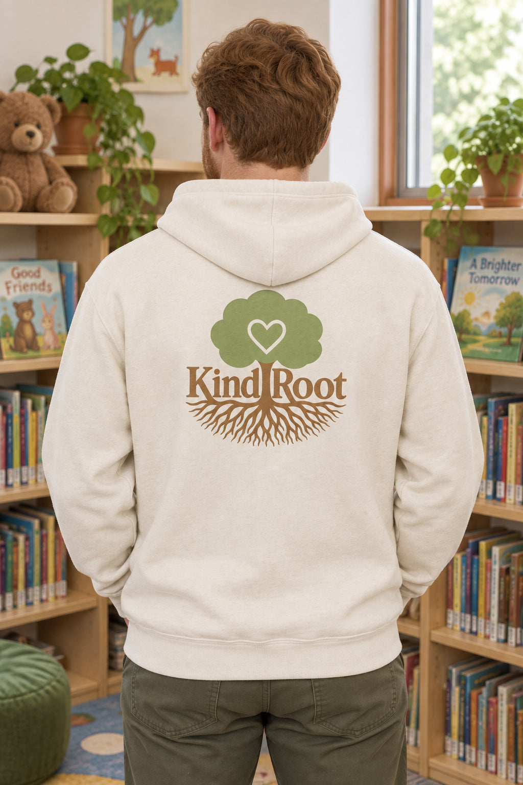 KindRoot logo on the back of the Natural unisex organic cotton hoodie