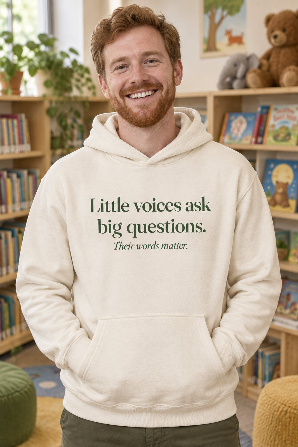 Little voices ask big questions. unisex organic cotton hoodie in Natural, front